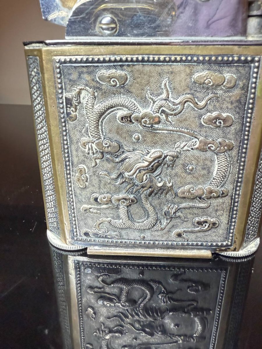 Briquet, Gainage en plaque en argent MOTIF DRAGON, INDOCHINE, Chine .-photo-2