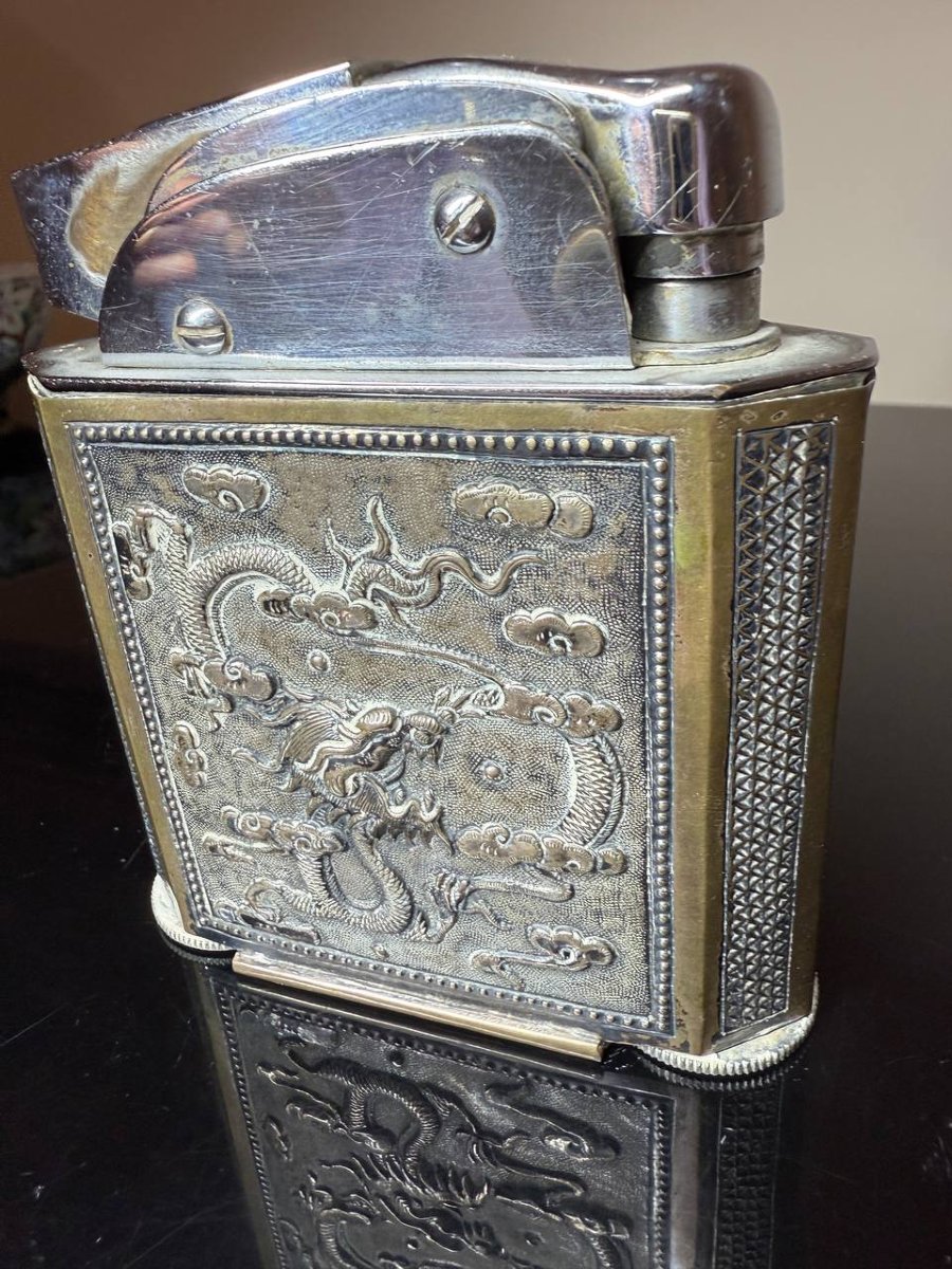 Briquet, Gainage en plaque en argent MOTIF DRAGON, INDOCHINE, Chine .-photo-5