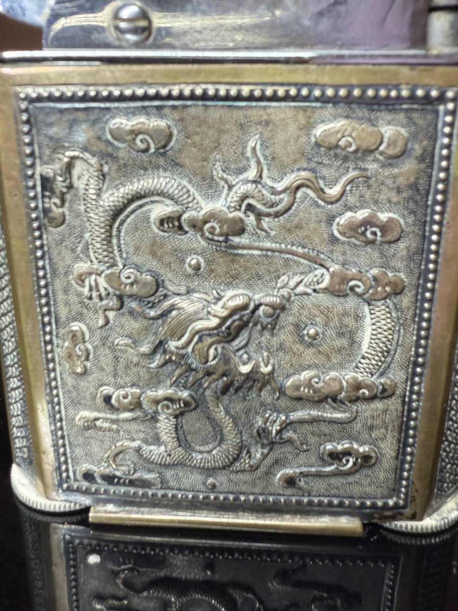 Briquet, Gainage en plaque en argent MOTIF DRAGON, INDOCHINE, Chine .-photo-6