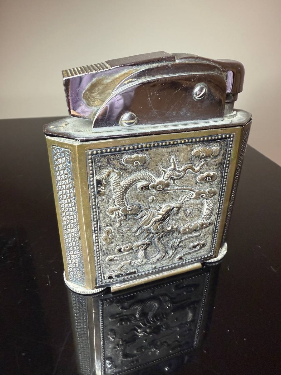 Briquet, Gainage en plaque en argent MOTIF DRAGON, INDOCHINE, Chine .-photo-7