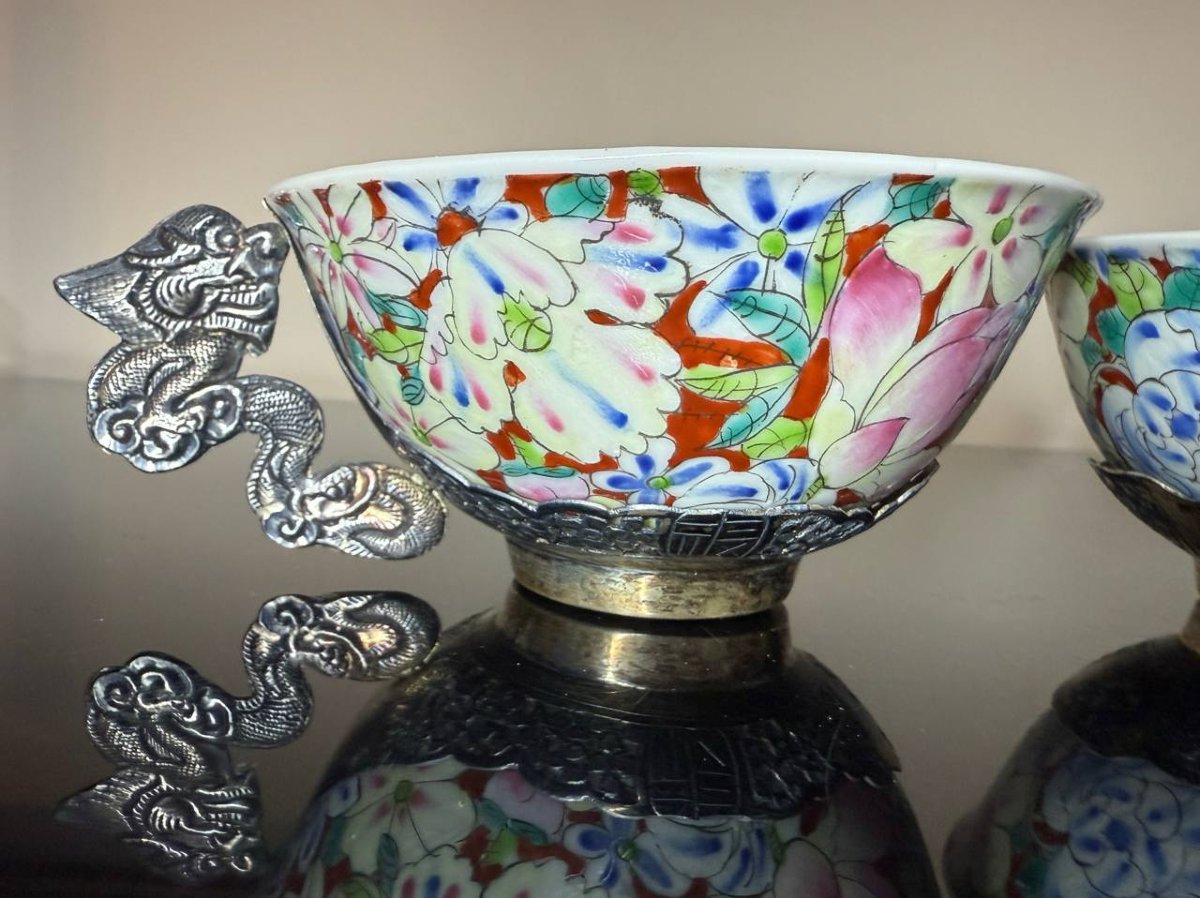Two China Porcelain And Massive Silver Tea Cups Indochina Vietnam-photo-2
