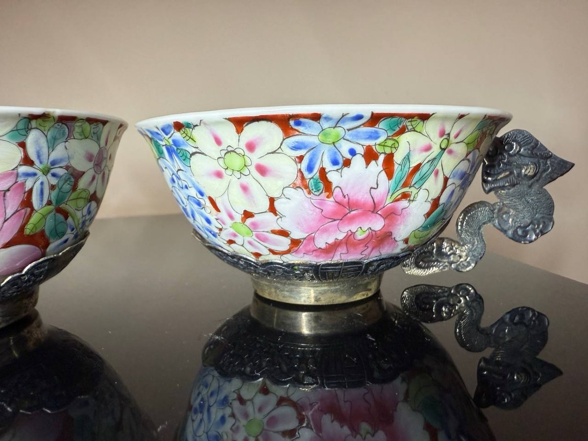 Two China Porcelain And Massive Silver Tea Cups Indochina Vietnam-photo-3