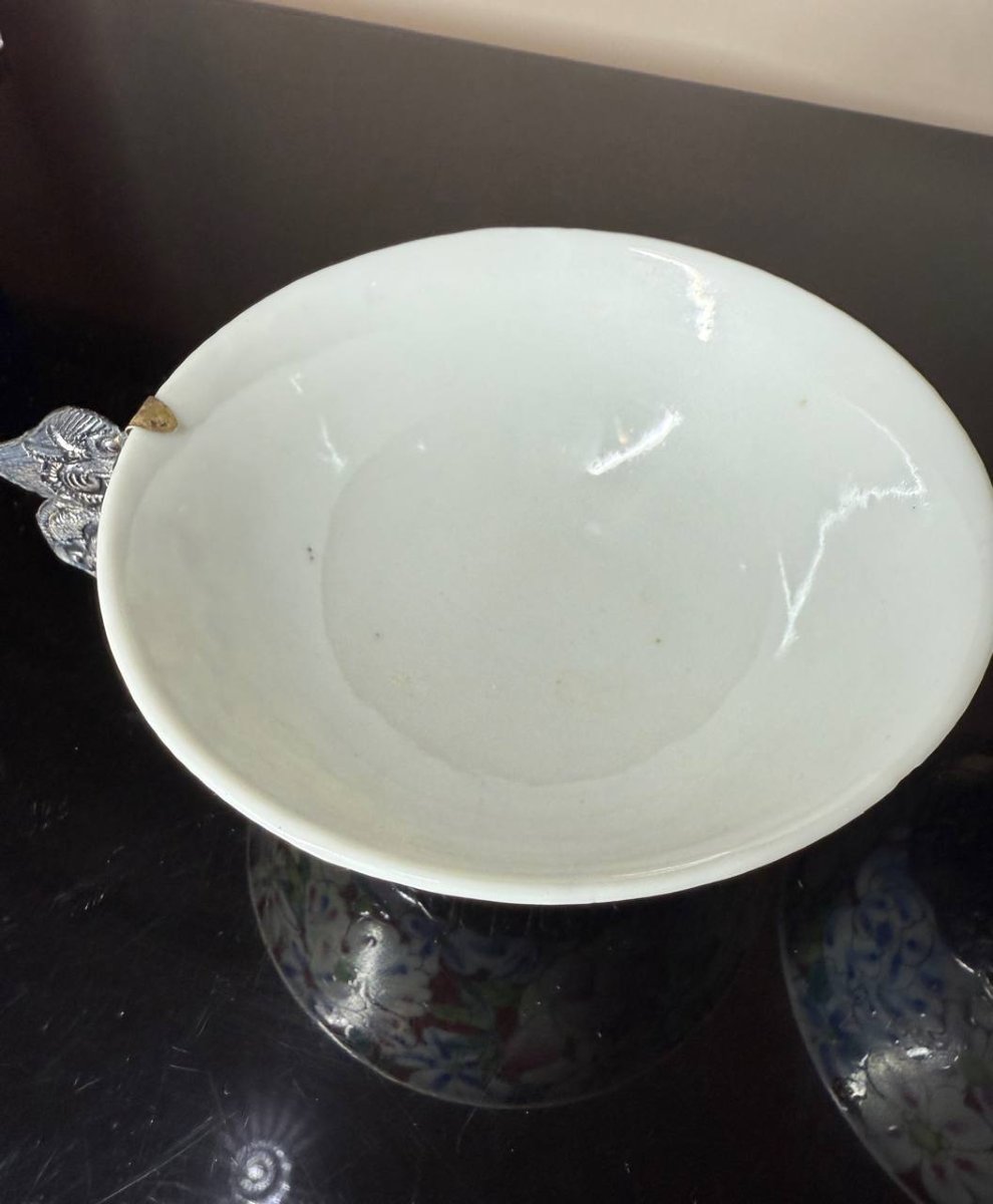 Two China Porcelain And Massive Silver Tea Cups Indochina Vietnam-photo-4