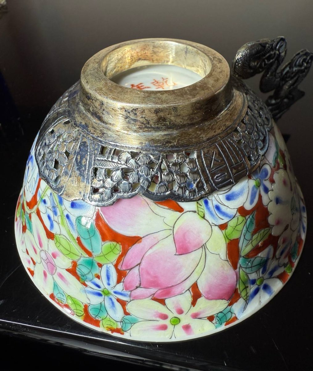 Two China Porcelain And Massive Silver Tea Cups Indochina Vietnam-photo-1