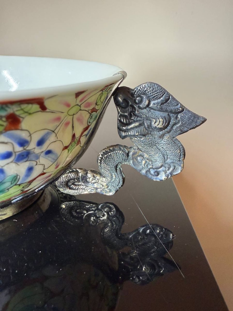 Two China Porcelain And Massive Silver Tea Cups Indochina Vietnam-photo-4