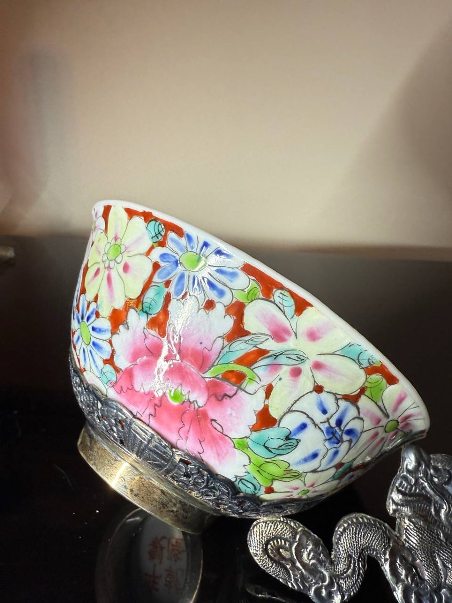 Two China Porcelain And Massive Silver Tea Cups Indochina Vietnam-photo-5