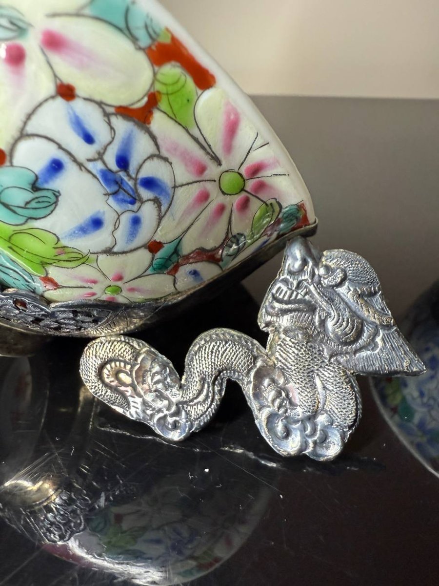 Two China Porcelain And Massive Silver Tea Cups Indochina Vietnam-photo-6