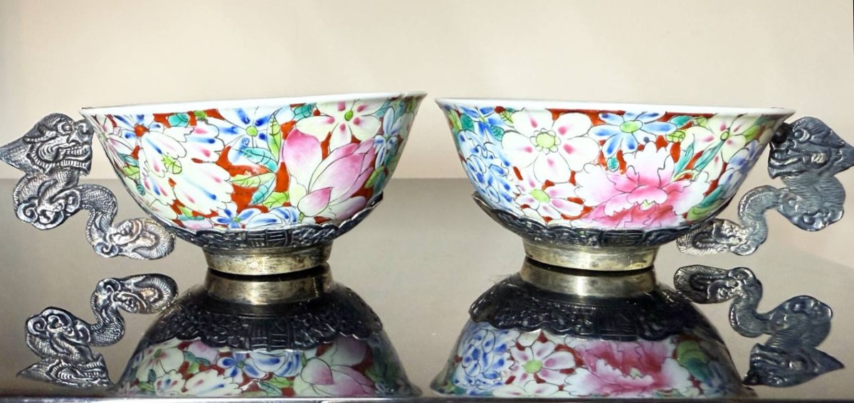 Two China Porcelain And Massive Silver Tea Cups Indochina Vietnam