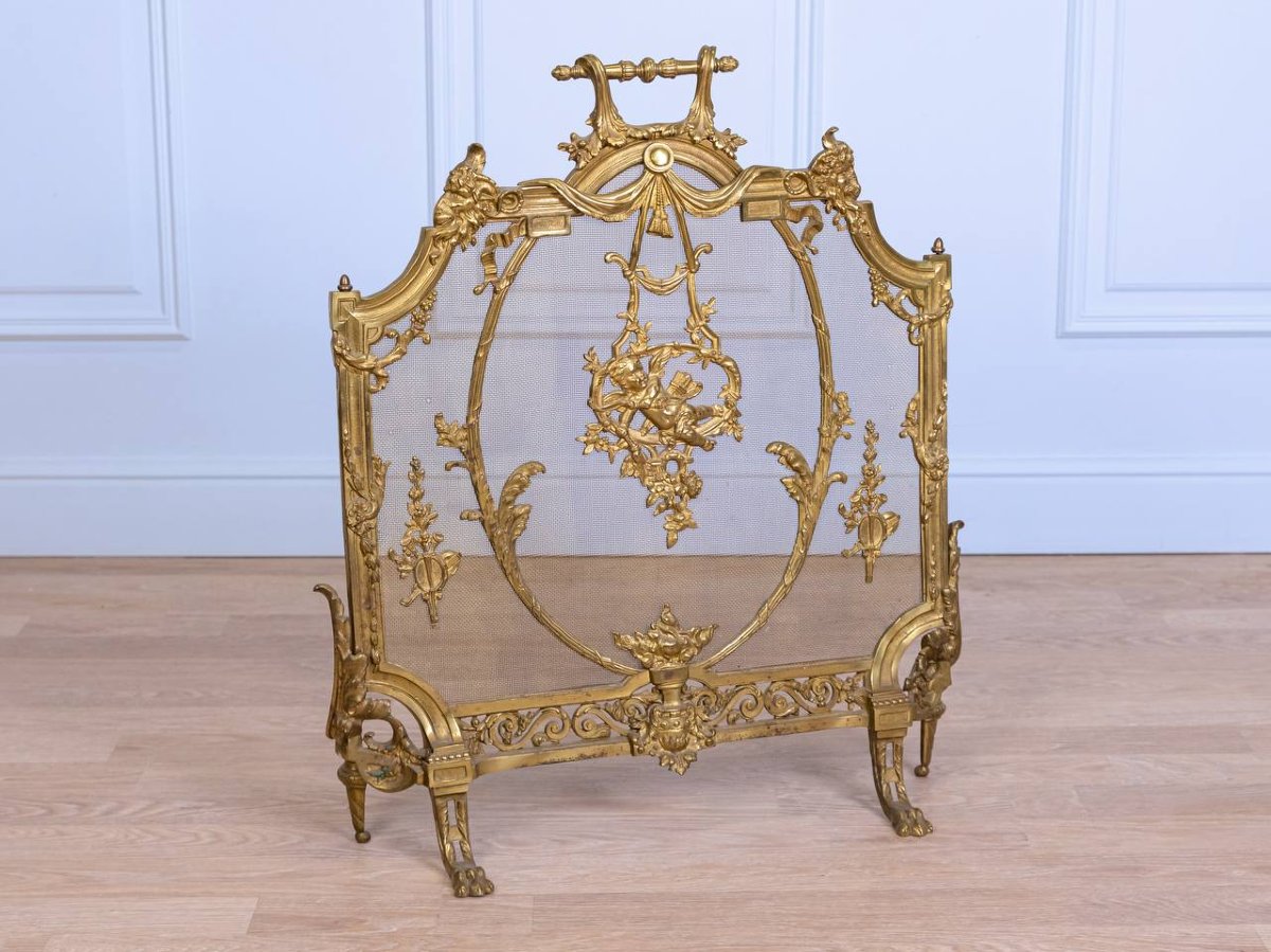 Écran de cheminée, pare-feu, en bronze de style Louis XVI, époque Napoléon III.-photo-2