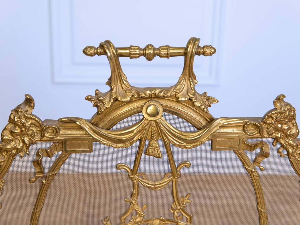 Écran de cheminée, pare-feu, en bronze de style Louis XVI, époque Napoléon III.-photo-4
