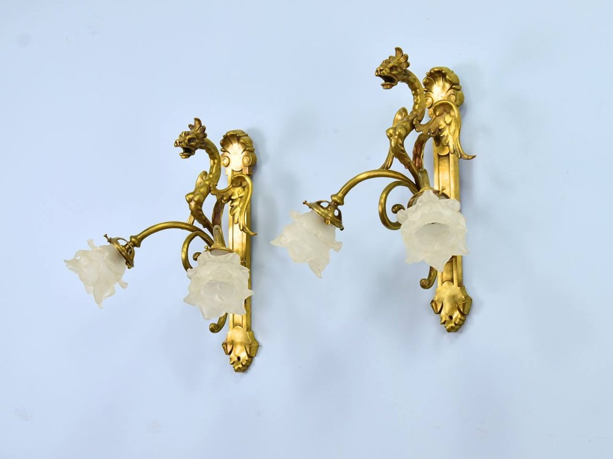 Paire d'appliques murales en bronze aux griffons-photo-2