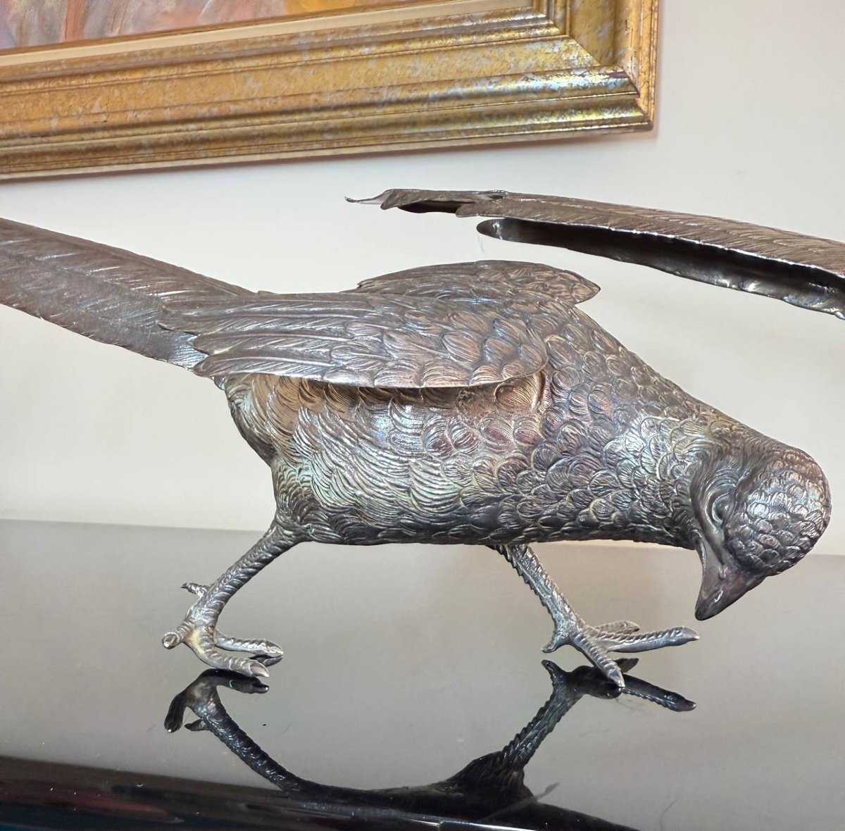 COUPLE DE FAISANS Au Naturel En Argent, Les Ailes Articulées. Travail De La Maison Eschwege.-photo-2