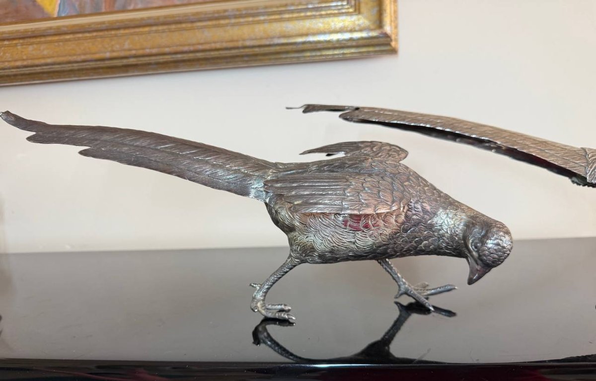 COUPLE DE FAISANS Au Naturel En Argent, Les Ailes Articulées. Travail De La Maison Eschwege.-photo-2
