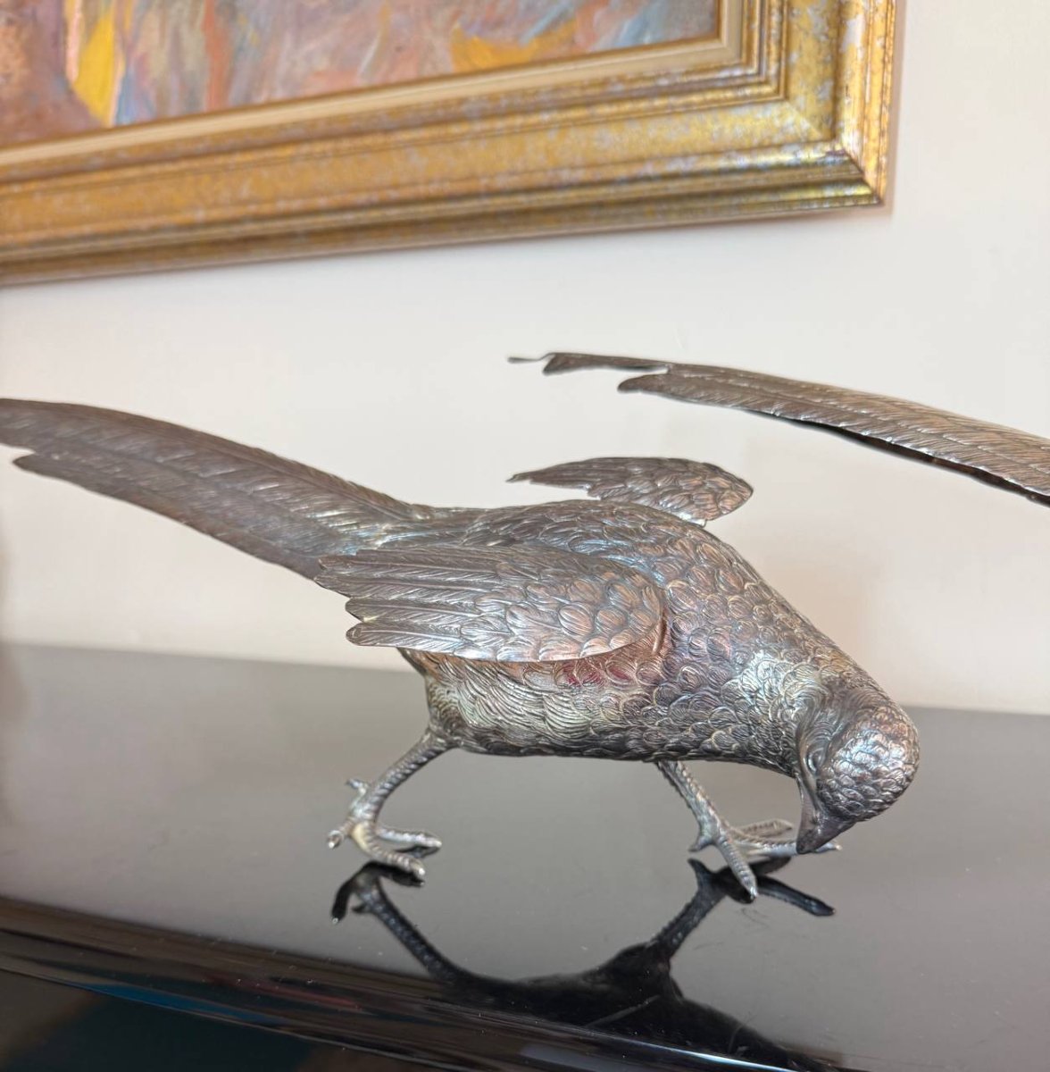 COUPLE DE FAISANS Au Naturel En Argent, Les Ailes Articulées. Travail De La Maison Eschwege.-photo-4