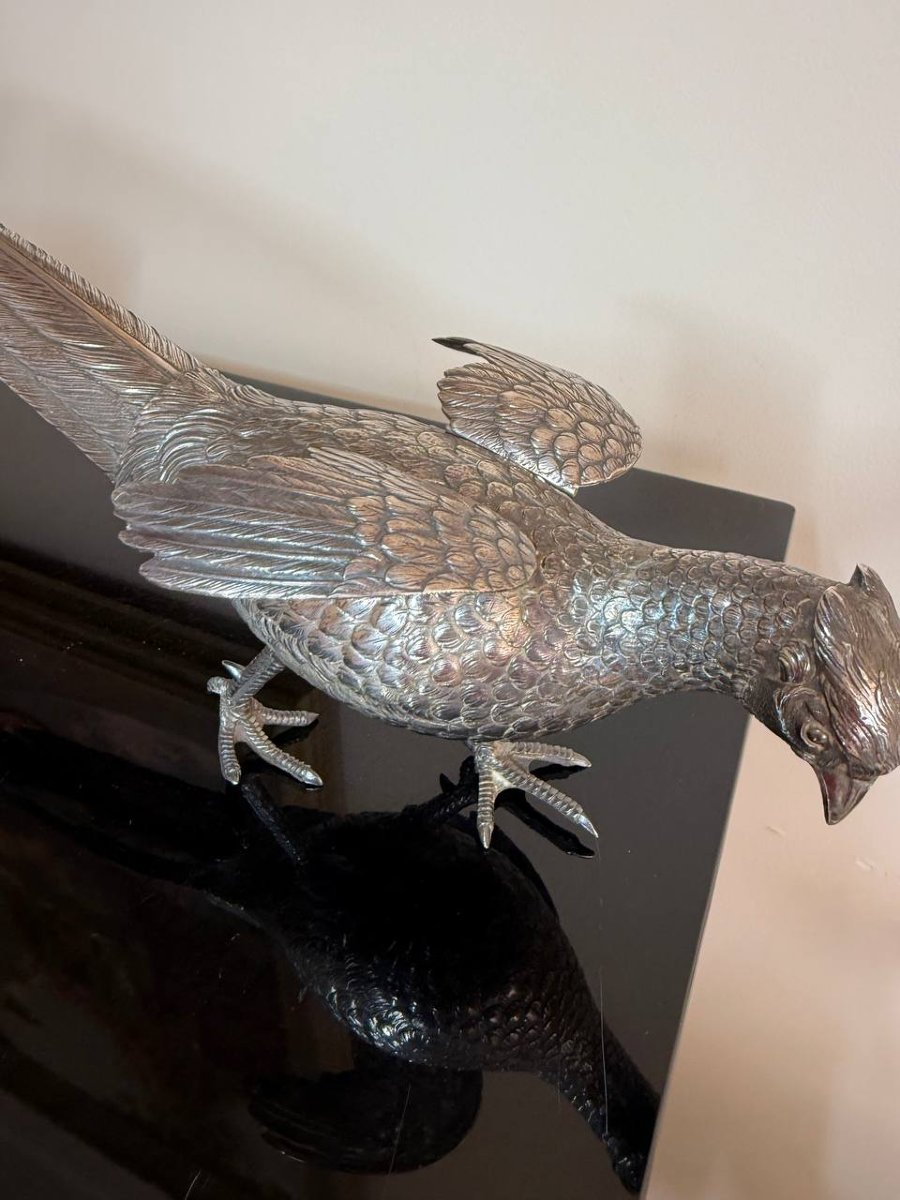 COUPLE DE FAISANS Au Naturel En Argent, Les Ailes Articulées. Travail De La Maison Eschwege.-photo-7