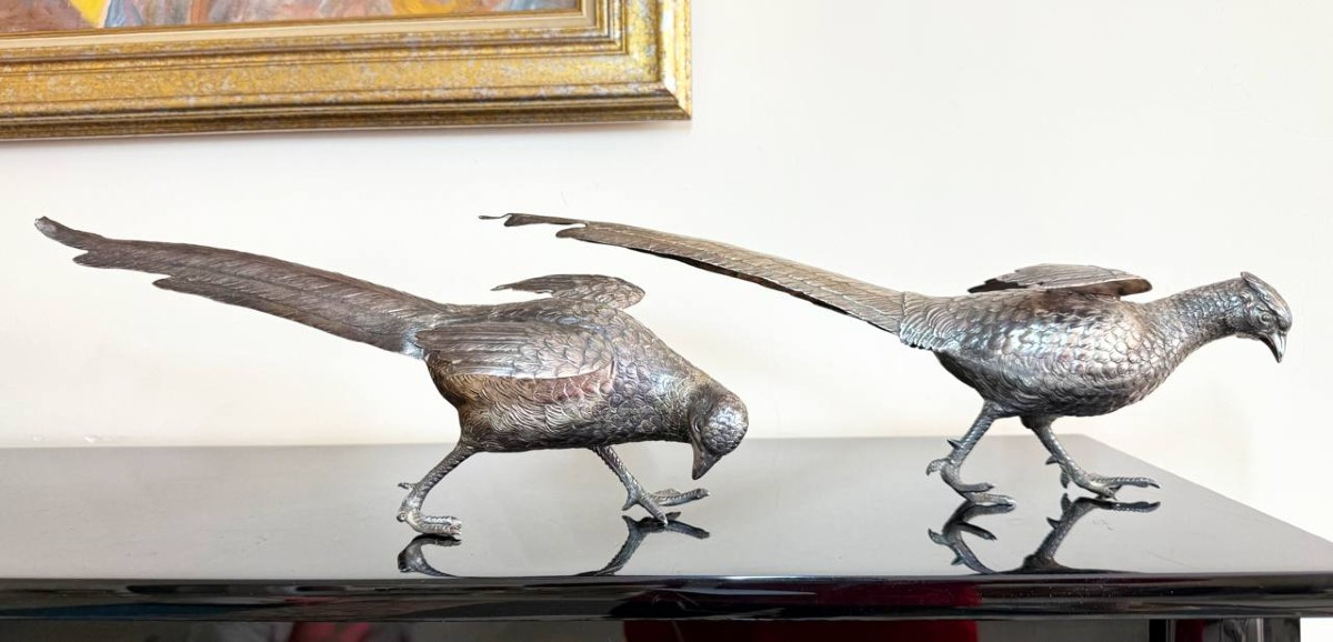 COUPLE DE FAISANS Au Naturel En Argent, Les Ailes Articulées. Travail De La Maison Eschwege.
