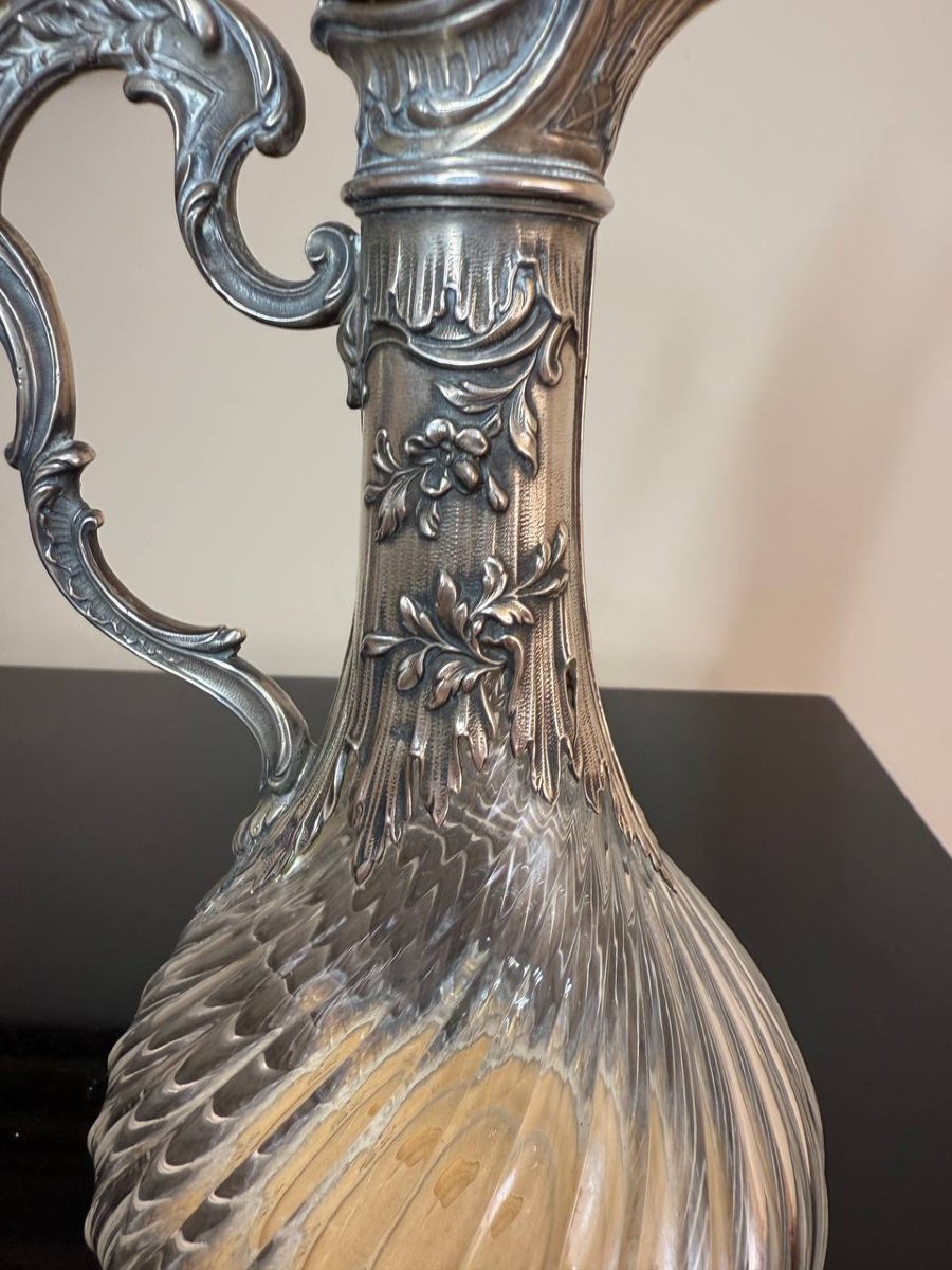 Silver And Crystal Wine Ewer Or Decanter With Twisted Ribs.-photo-1
