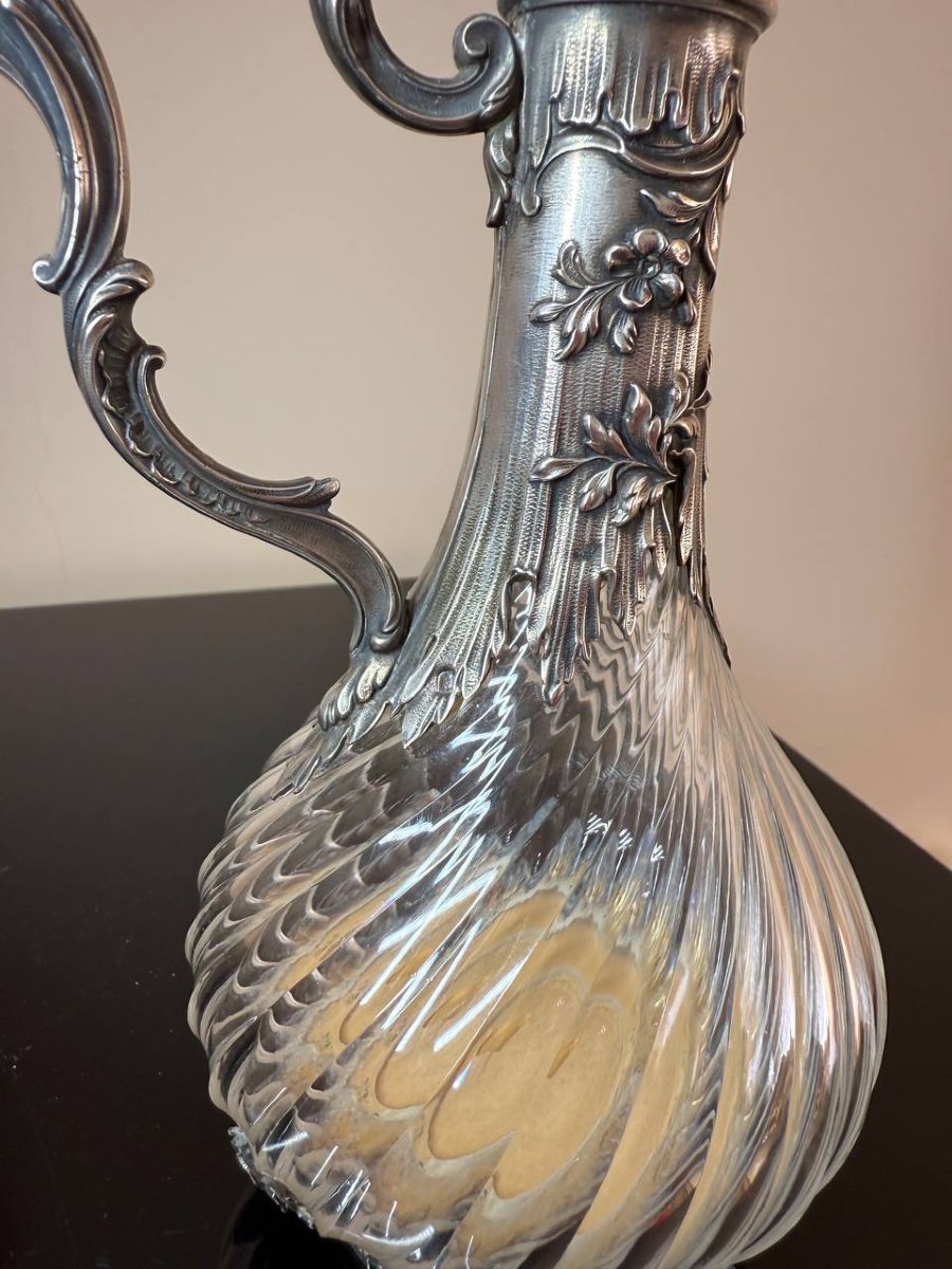 Silver And Crystal Wine Ewer Or Decanter With Twisted Ribs.-photo-4