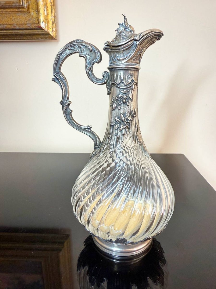 Silver And Crystal Wine Ewer Or Decanter With Twisted Ribs.-photo-7