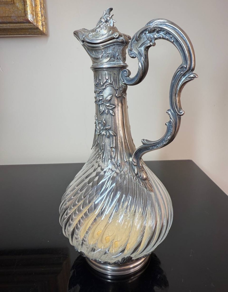 Silver And Crystal Wine Ewer Or Decanter With Twisted Ribs.