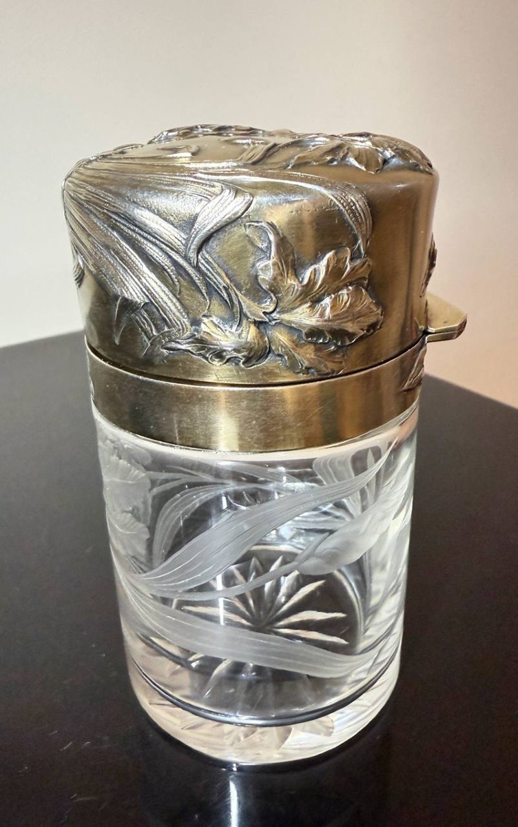 FLACON en CRISTAL et argent anciennement vermeillé, Minerve, Art Nouveau.