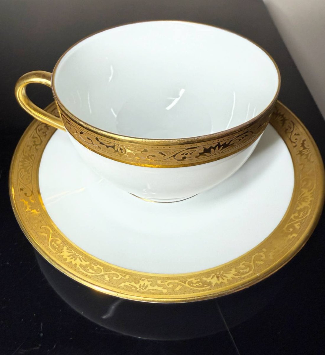 Porcelain Mug And Bottom Mug Raynaud & Co. Limoges, Agate Polished Gilding-photo-2
