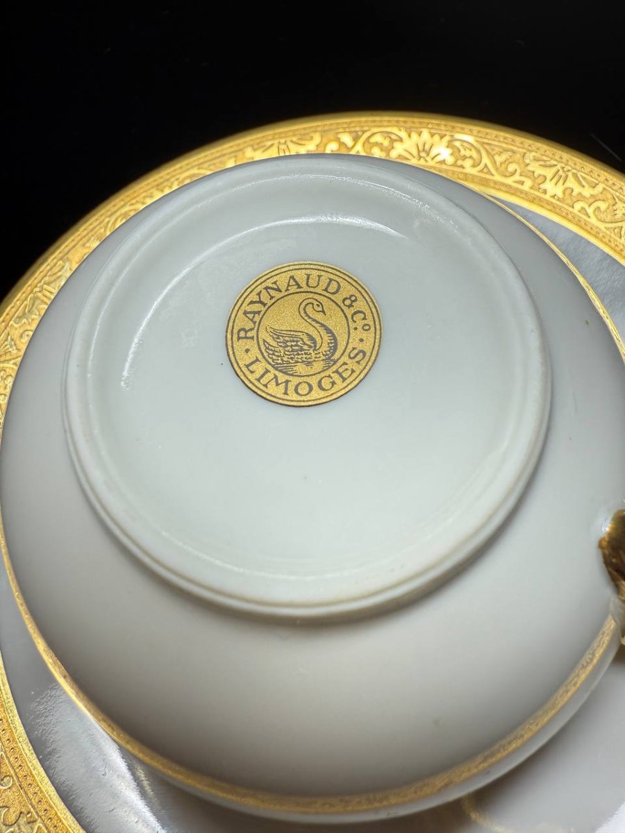 Porcelain Mug And Bottom Mug Raynaud & Co. Limoges, Agate Polished Gilding-photo-2