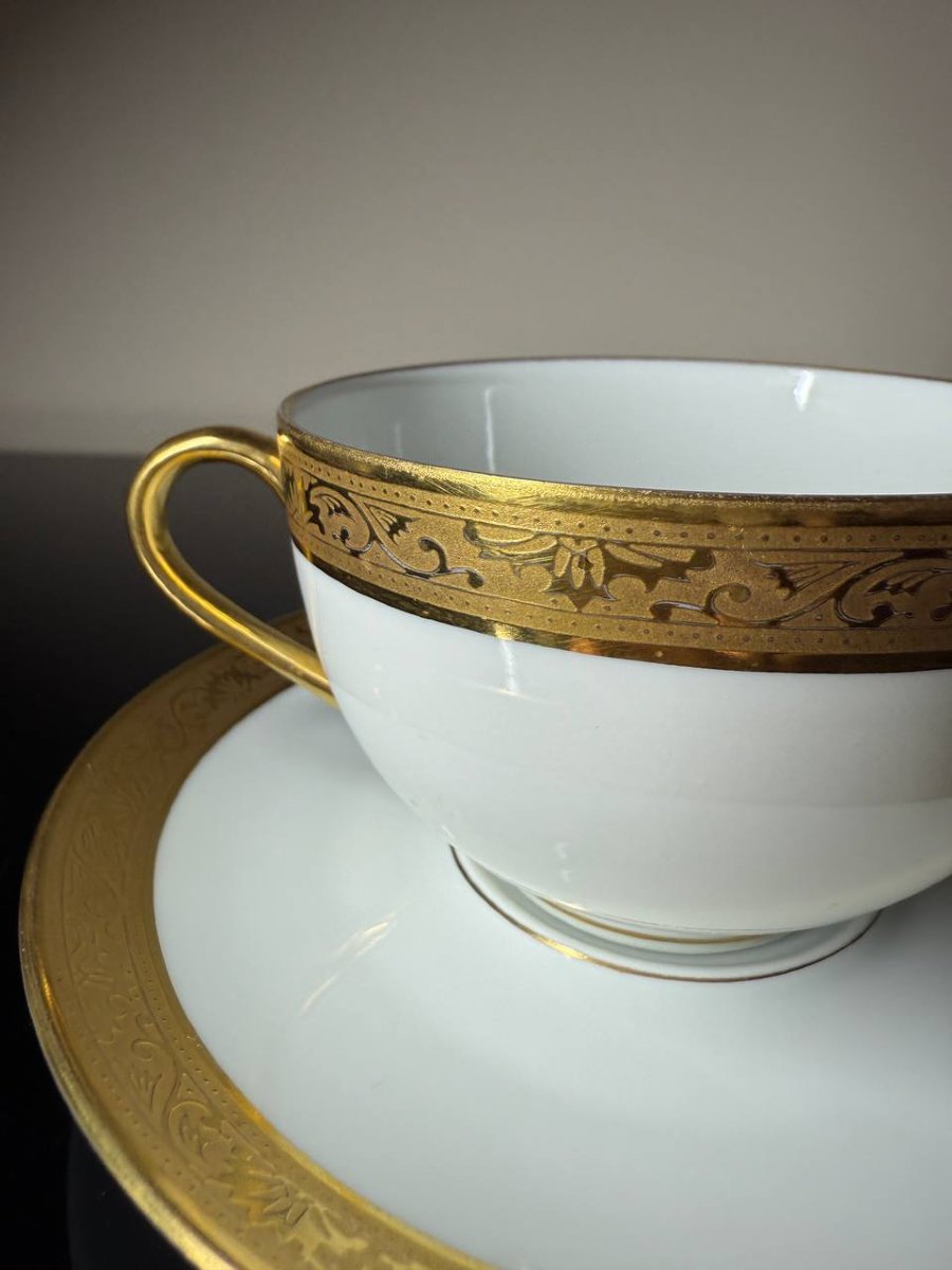 Porcelain Mug And Bottom Mug Raynaud & Co. Limoges, Agate Polished Gilding-photo-6