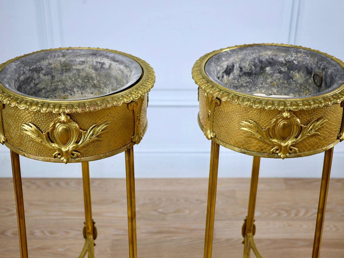 Pair Of Bronze And Brass Floor-standing Planters-photo-2