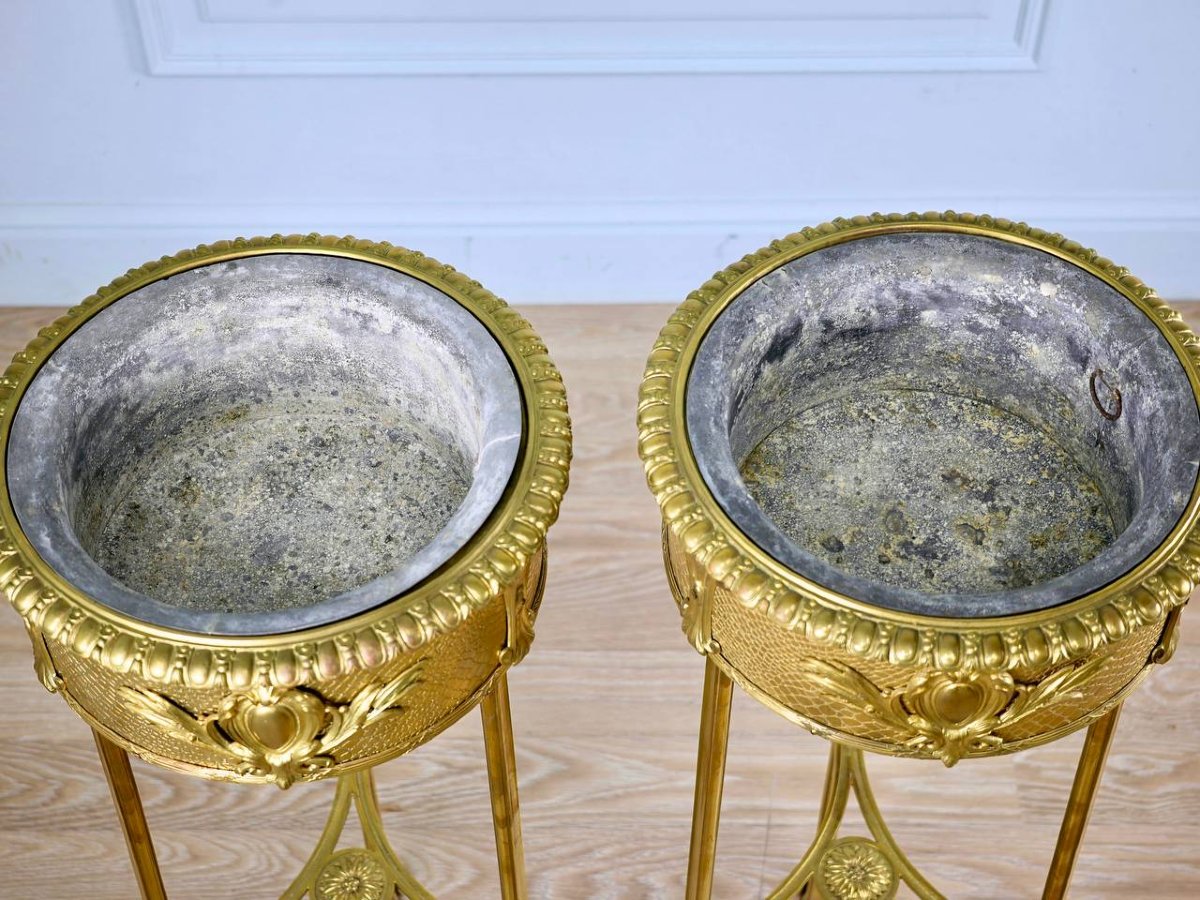Pair Of Bronze And Brass Floor-standing Planters-photo-6