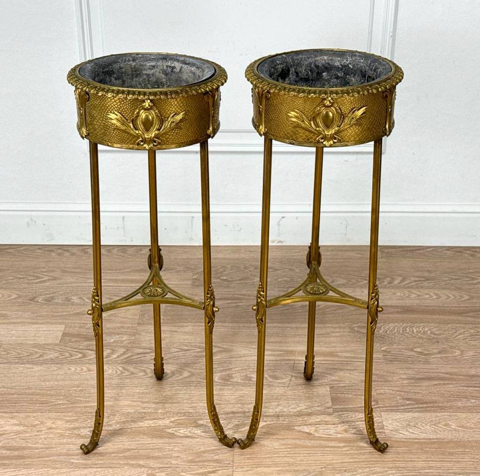 Pair Of Bronze And Brass Floor-standing Planters