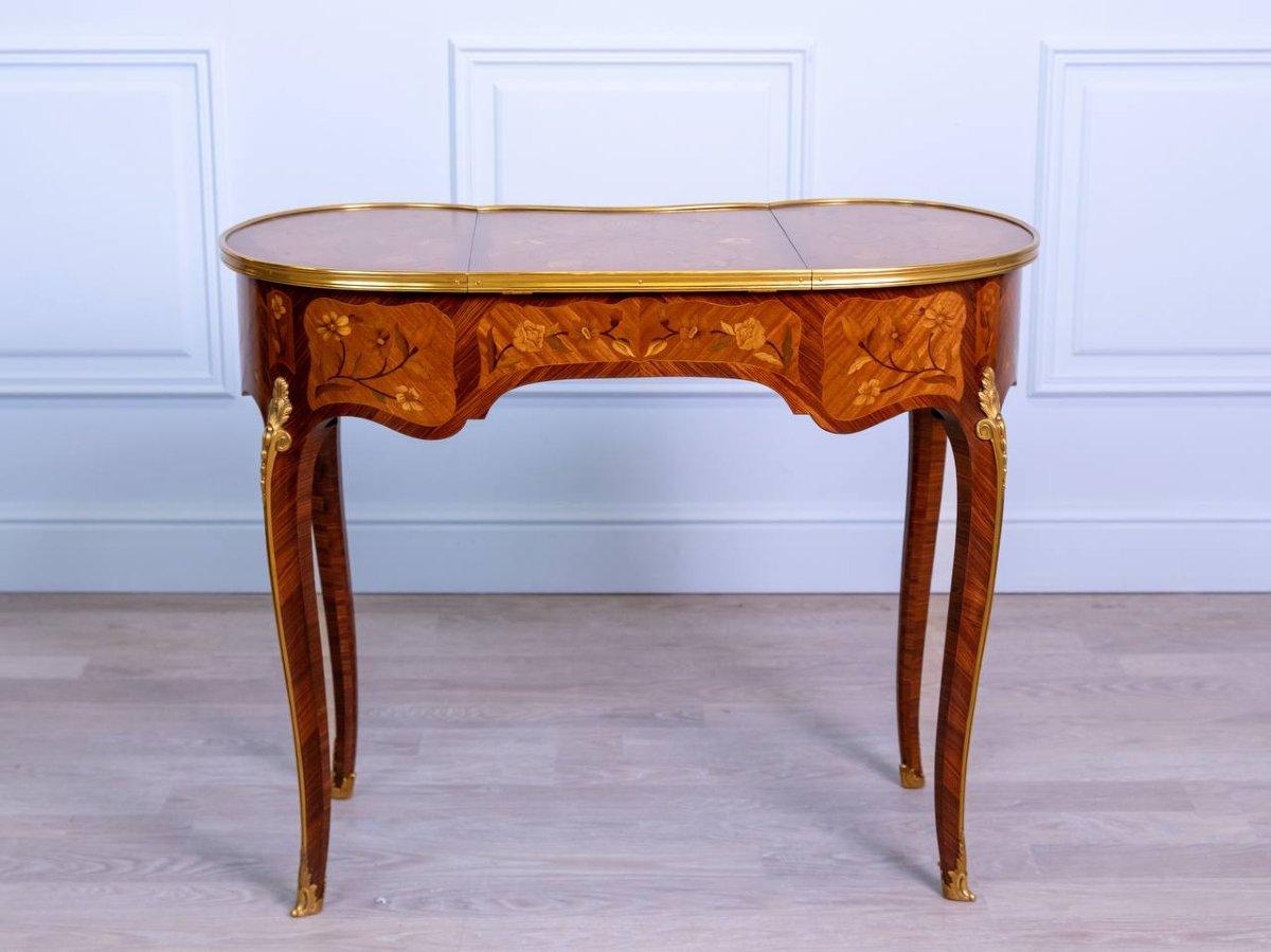 Coiffeuse Table De Toilette Forme Rognon, Marqueterie Et Bronze-photo-2