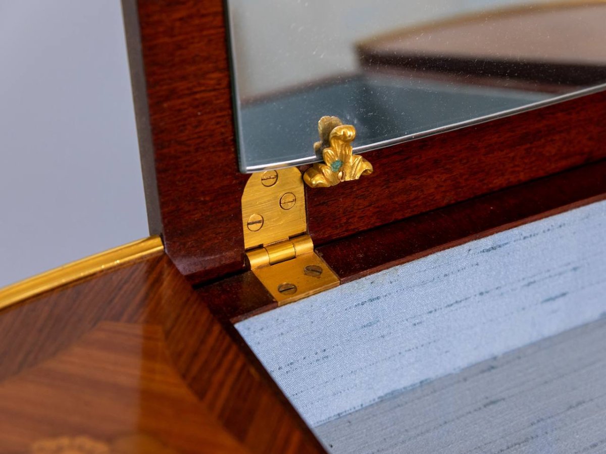 Coiffeuse Table De Toilette Forme Rognon, Marqueterie Et Bronze-photo-3