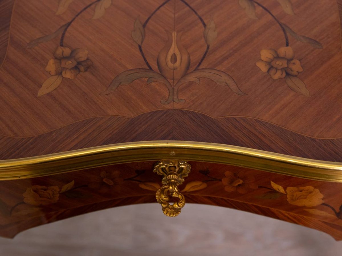 Coiffeuse Table De Toilette Forme Rognon, Marqueterie Et Bronze-photo-4