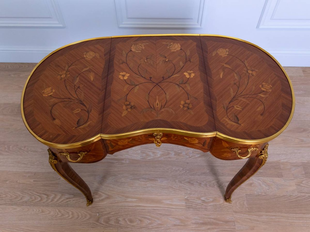Coiffeuse Table De Toilette Forme Rognon, Marqueterie Et Bronze-photo-3