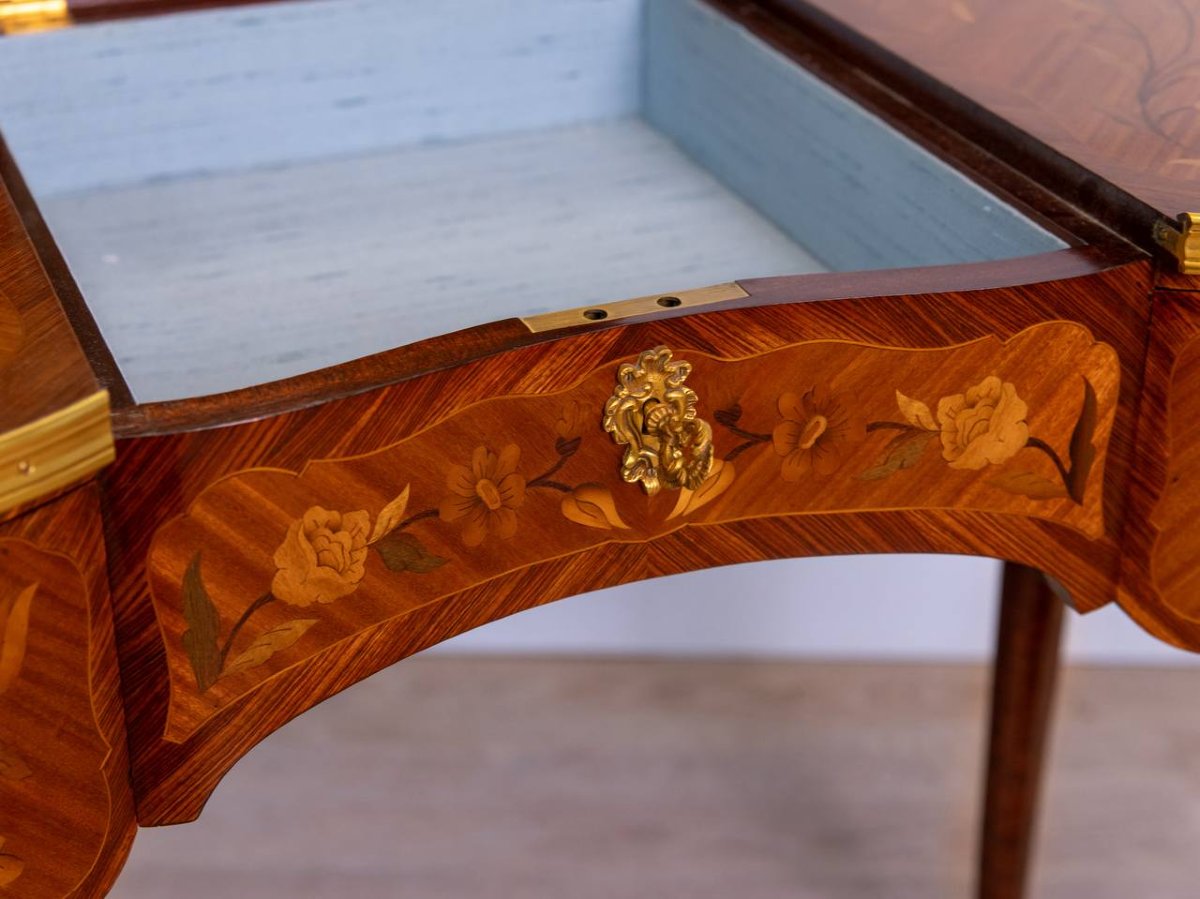Coiffeuse Table De Toilette Forme Rognon, Marqueterie Et Bronze-photo-4