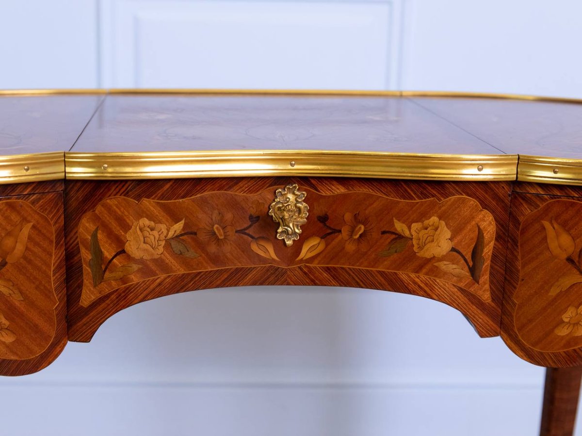 Coiffeuse Table De Toilette Forme Rognon, Marqueterie Et Bronze-photo-7