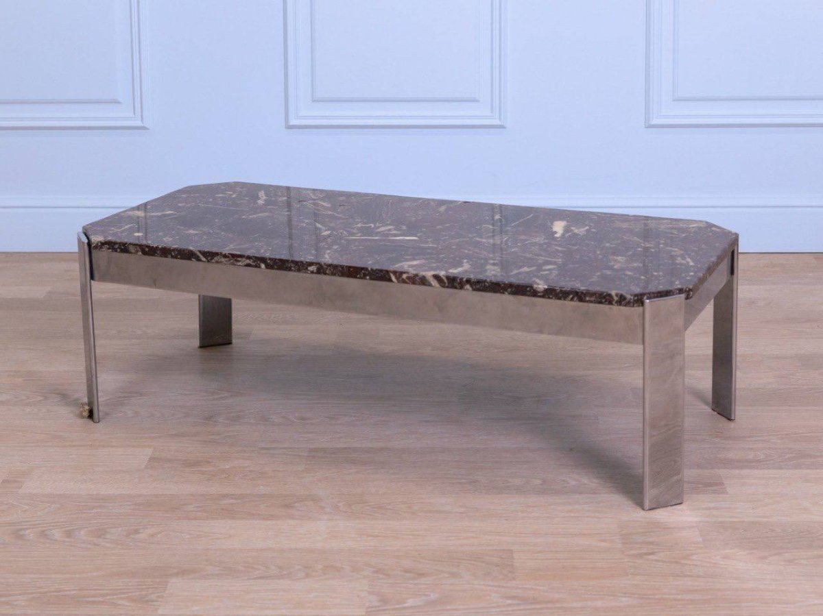 Breccia Marble And Chrome Coffee Table - France-photo-3
