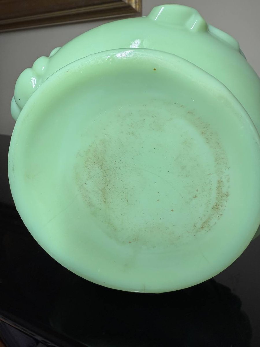 Molded Art Glass Vase, Made Of Green Jade Opaline, By Portieux Vallerysthal-photo-1