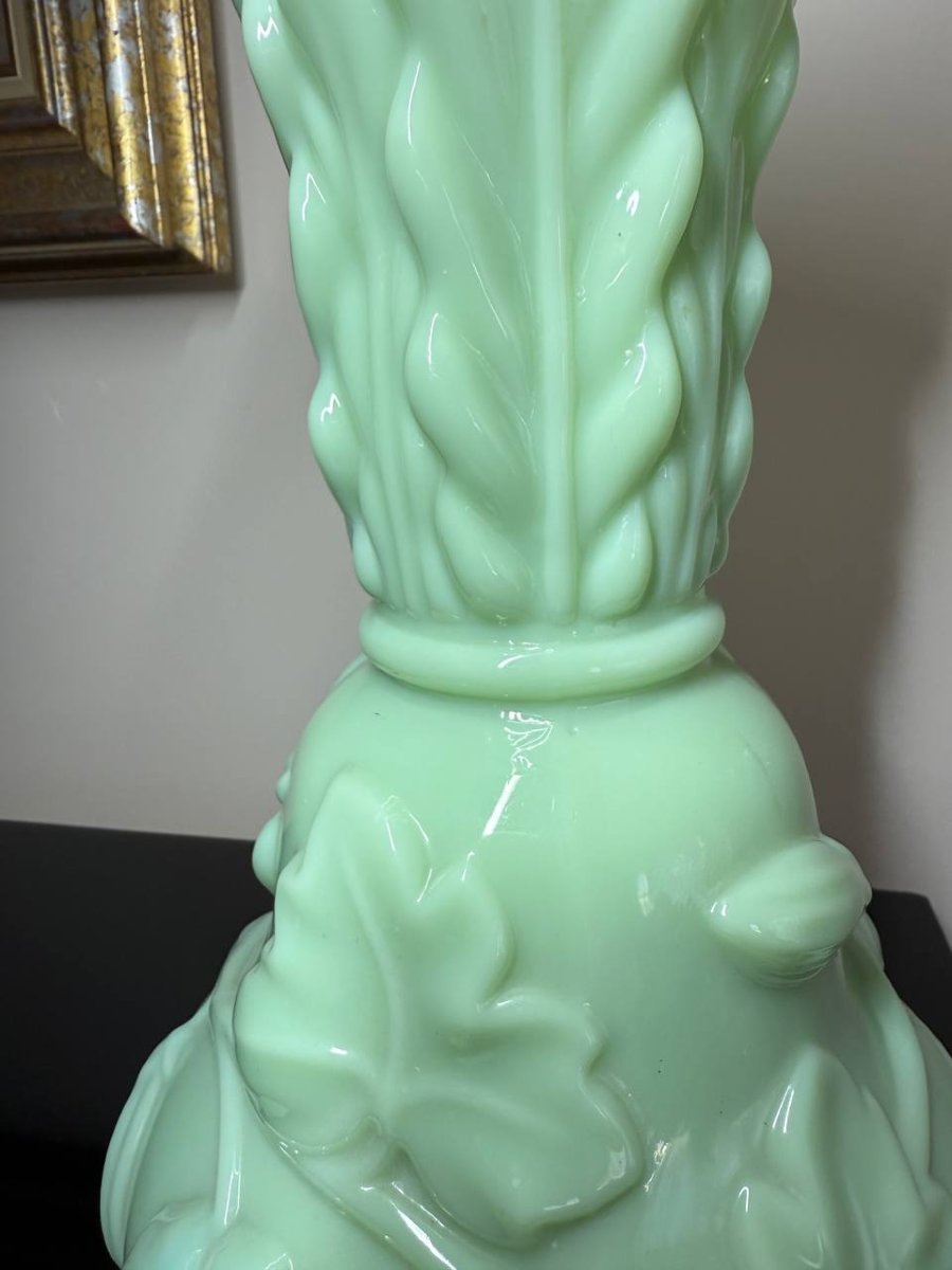 Molded Art Glass Vase, Made Of Green Jade Opaline, By Portieux Vallerysthal-photo-2