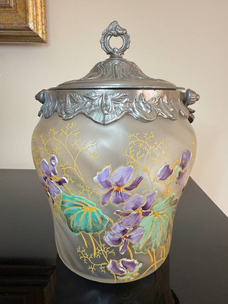 Seau à biscuits, Pot en verre torsadé émaillé Legras: Semis de violettes-photo-1
