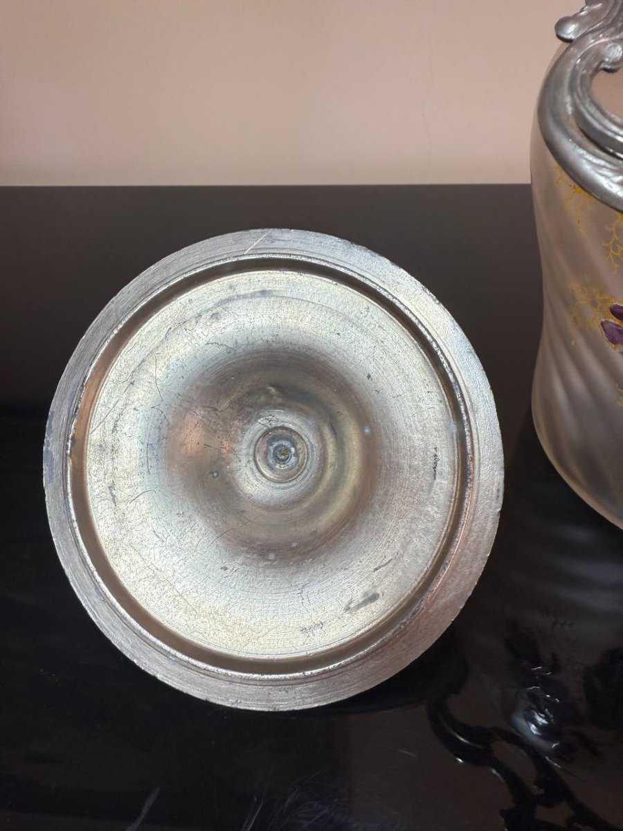 Seau à biscuits, Pot en verre torsadé émaillé Legras: Semis de violettes-photo-2