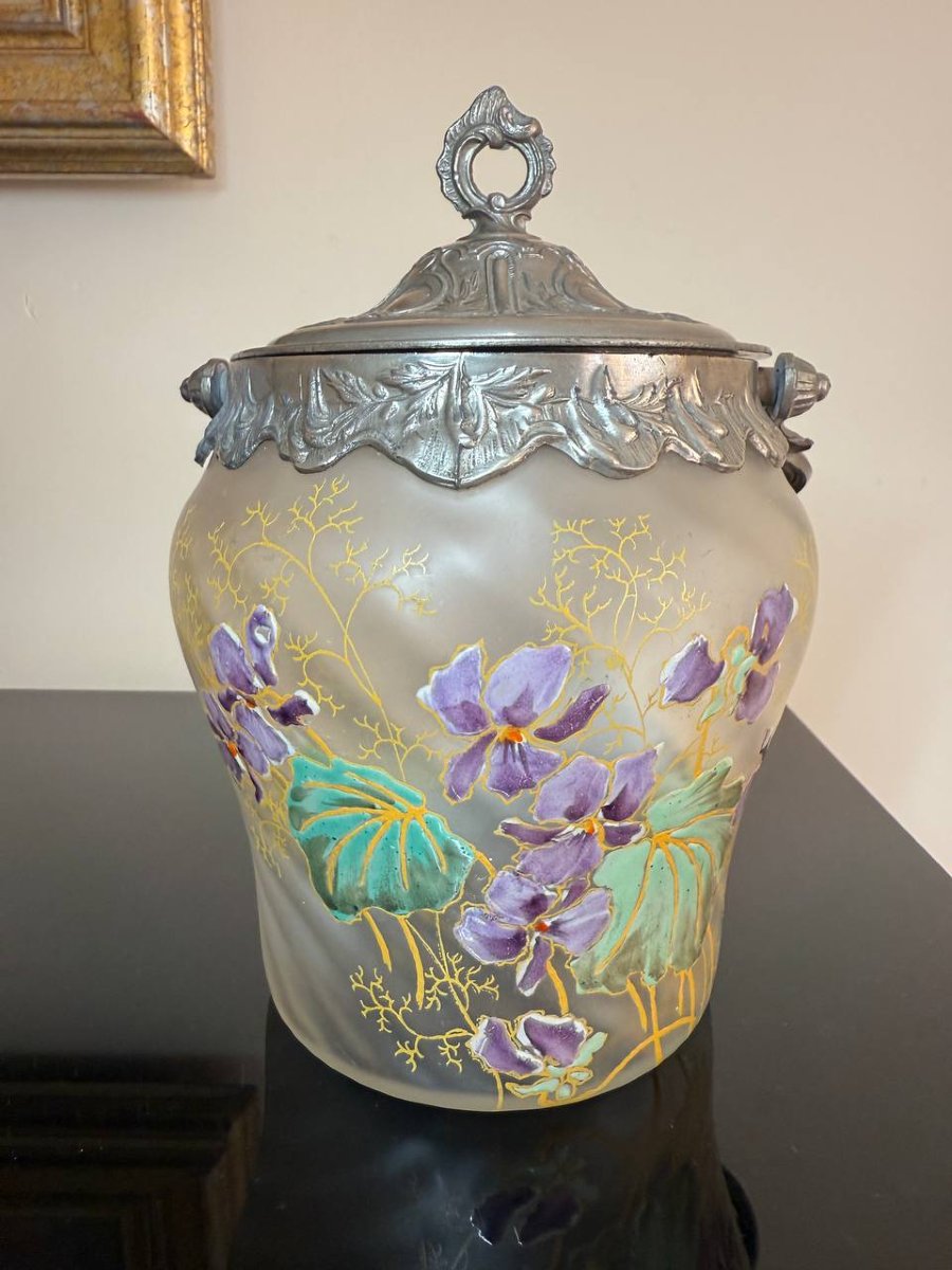 Seau à biscuits, Pot en verre torsadé émaillé Legras: Semis de violettes