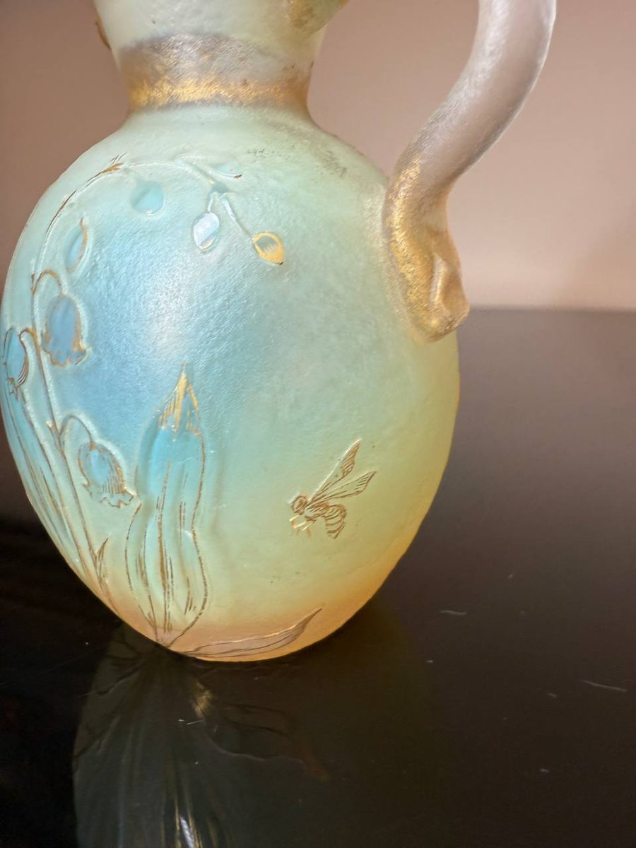 Daum Nancy: Handled Bottle With Acid-etched Decoration And Gilded Rim.-photo-2