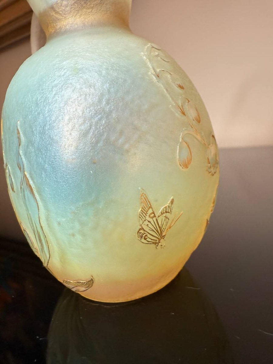 Daum Nancy: Handled Bottle With Acid-etched Decoration And Gilded Rim.-photo-3