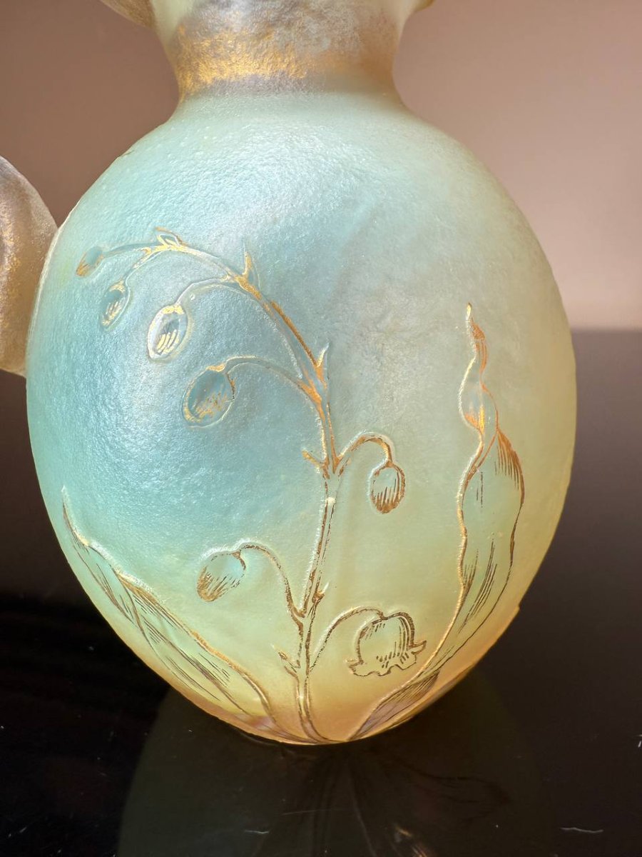 Daum Nancy: Handled Bottle With Acid-etched Decoration And Gilded Rim.-photo-4