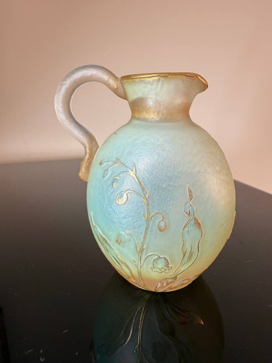 Daum Nancy: Handled Bottle With Acid-etched Decoration And Gilded Rim.-photo-5