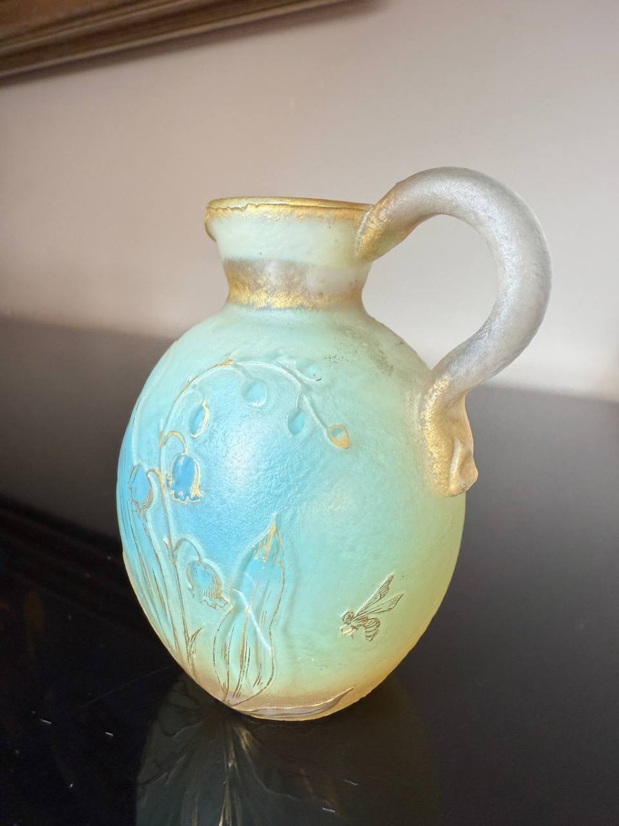 Daum Nancy: Handled Bottle With Acid-etched Decoration And Gilded Rim.-photo-6
