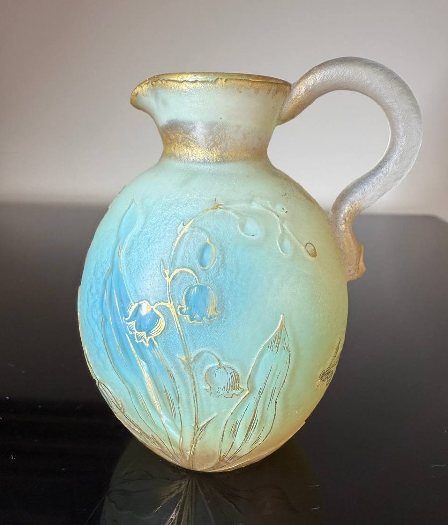 Daum Nancy: Handled Bottle With Acid-etched Decoration And Gilded Rim.