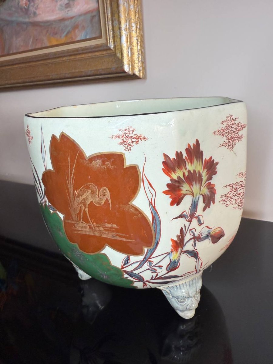 Cache-pot chinoisant ancien en faïence à décor des fleurs-photo-3